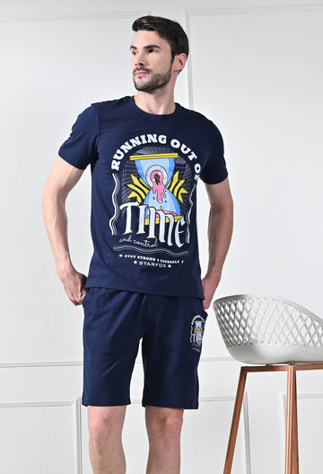 Navy Printed T-Shirt With Shorts  Co-Ord Set