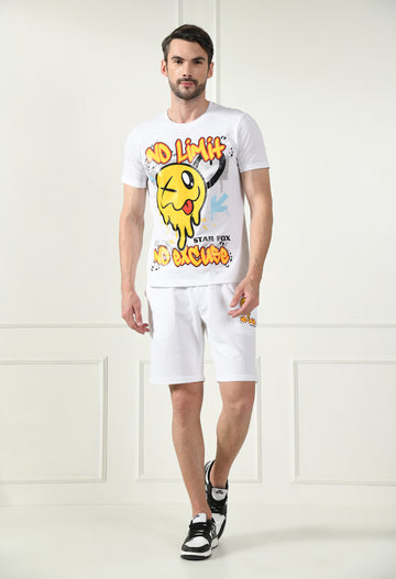 White Printed T-Shirt With Shorts Co-Ord Set