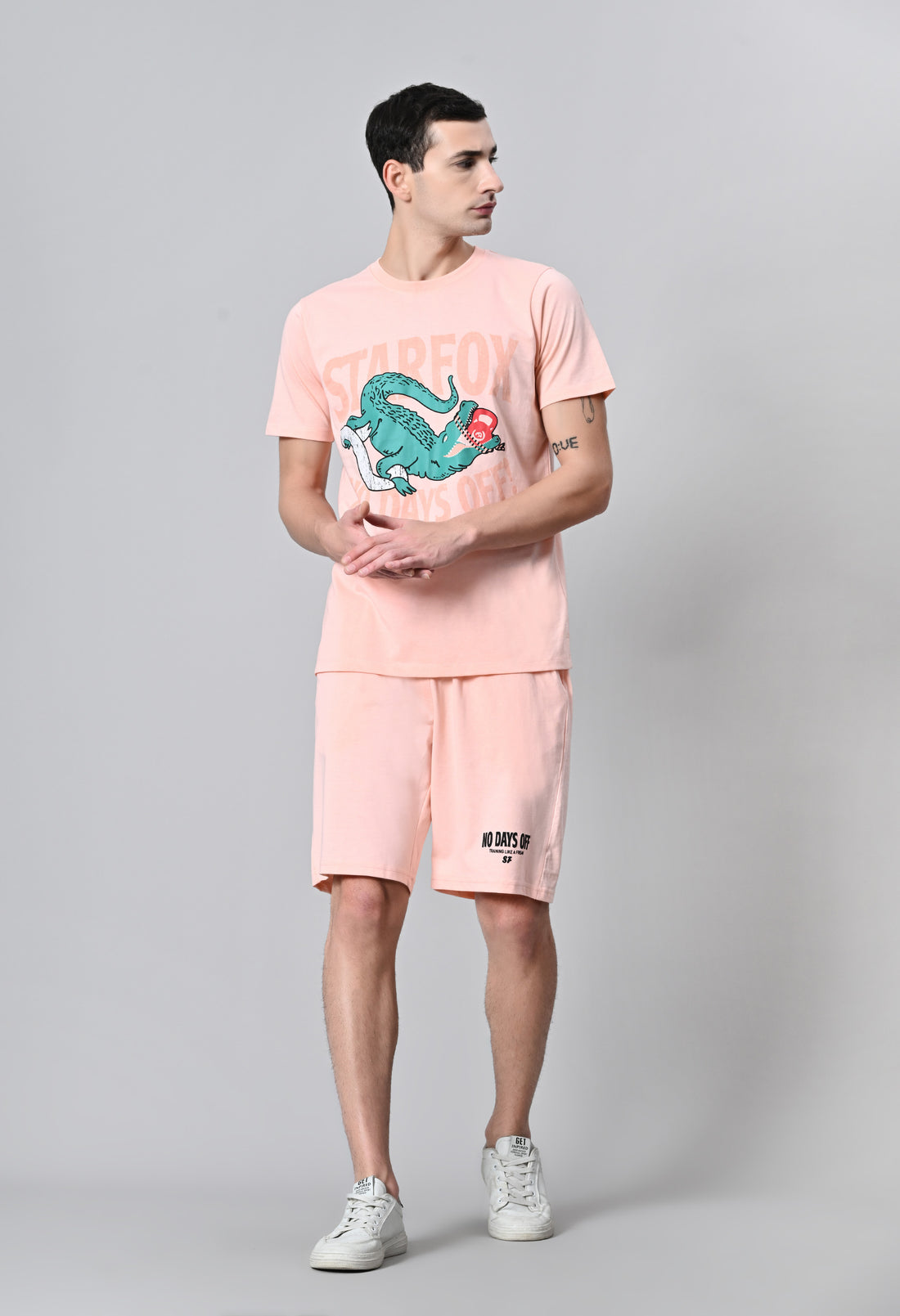 Coral Peach Puff Printed Round Neck With Shorts  Co-Ord Set