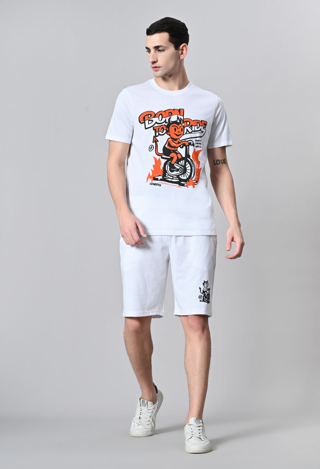 Men's White Printed Puff Round Neck With Shorts Co-Ord Set