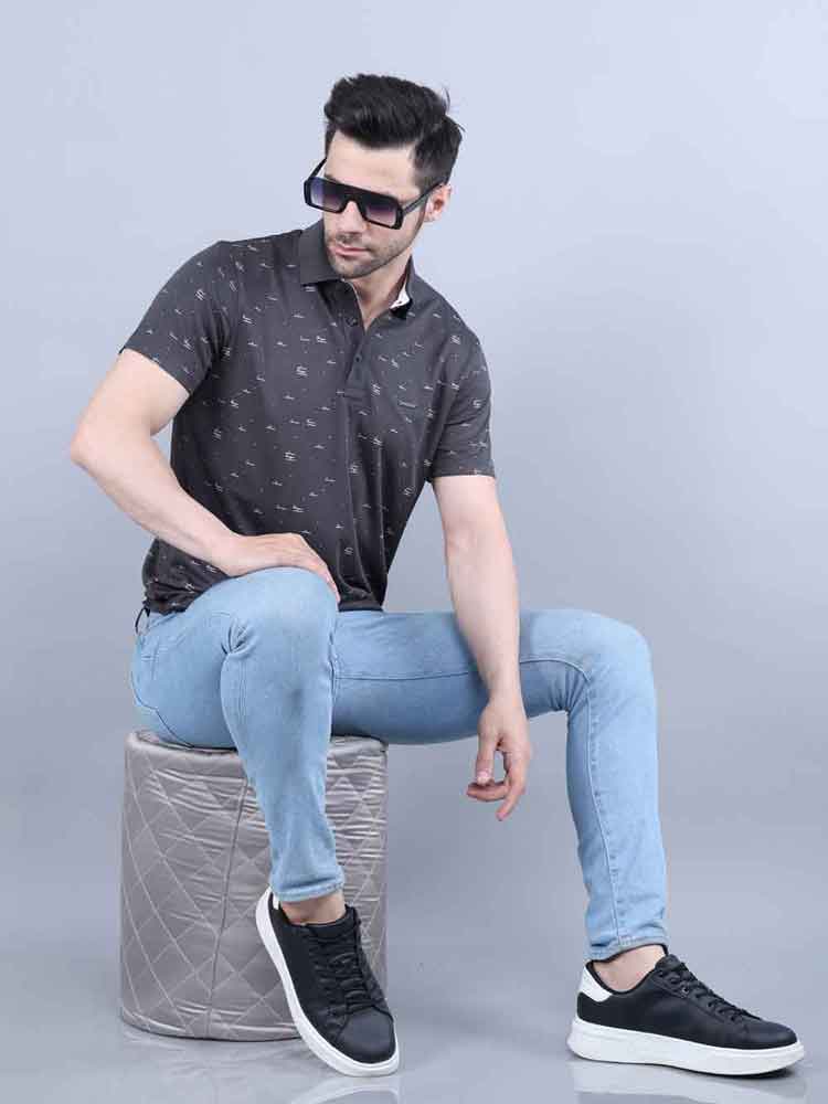 All Over Printed Charcoal Pique Polo T-shirt