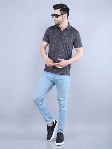 All Over Printed Charcoal Pique Polo T-shirt