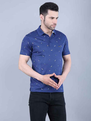 All Over Printed Blue Pique Polo T-shirt