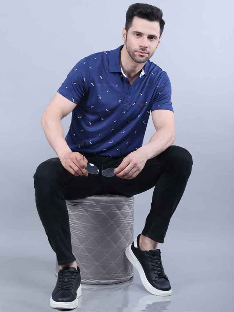 All Over Printed Blue Pique Polo T-shirt