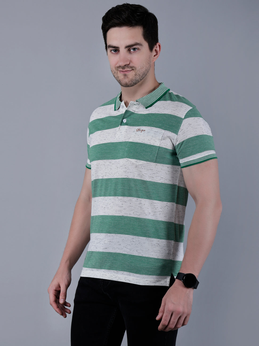 Men's Striped Polo Neck Cotton Blend T-Shirt
