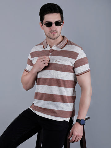 Men's Striped Polo Neck Cotton Blend T-Shirt