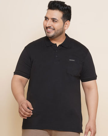 Plus Size Men Black Solid Polo Collar Pure Cotton T-shirt