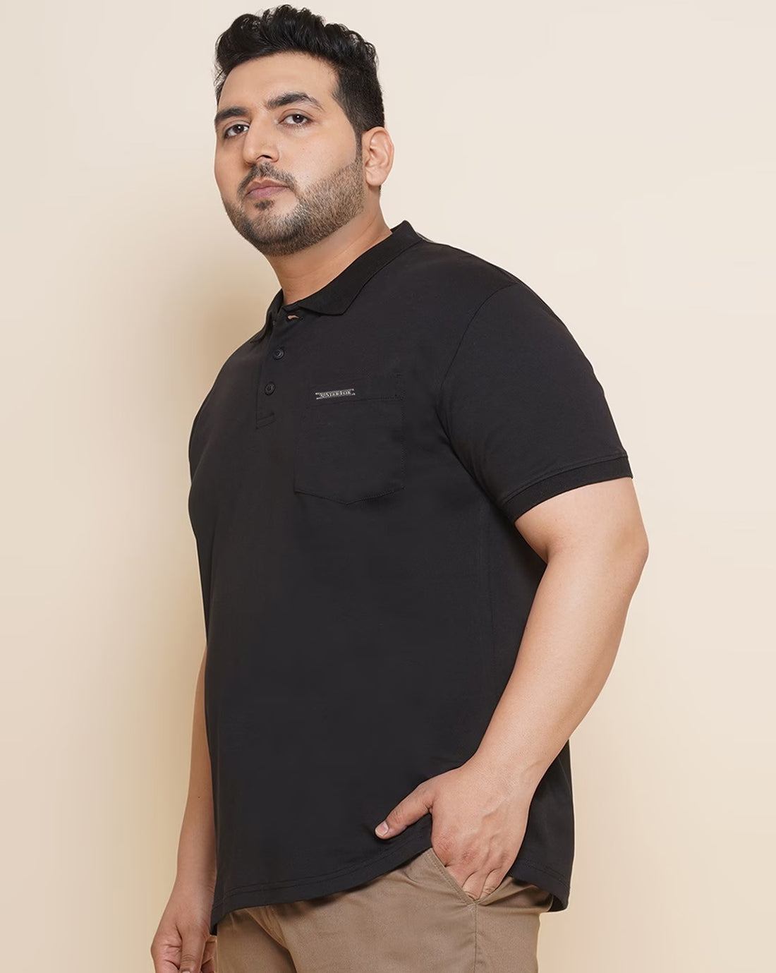 Plus Size Men Black Solid Polo Collar Pure Cotton T-shirt