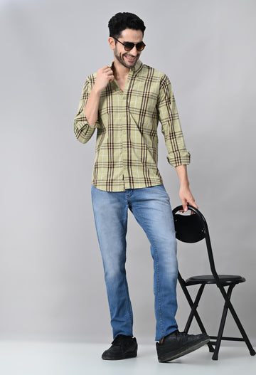 Light Olive and Brown Checked Cotton Shirt