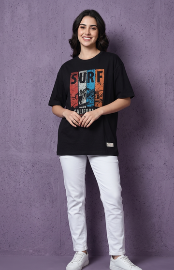 Women's Printed Relaxed Fit Cotton T-Shirt - Black