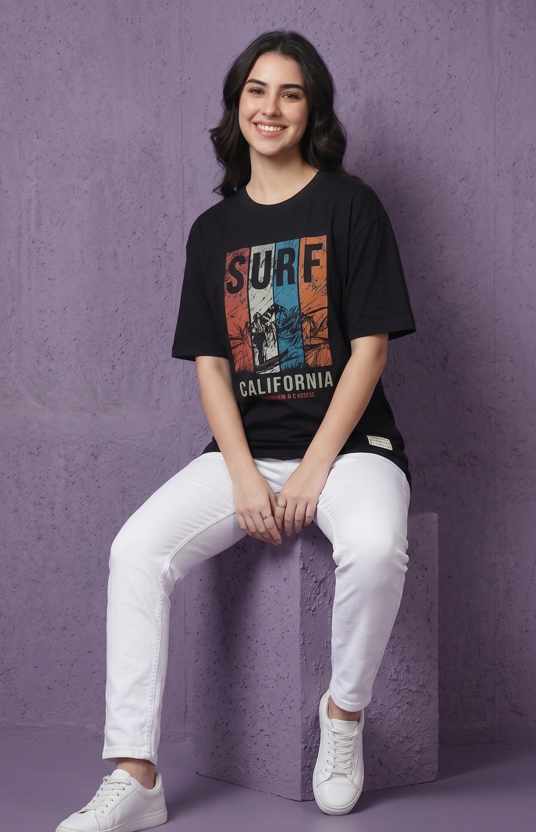 Women's Printed Relaxed Fit Cotton T-Shirt - Black