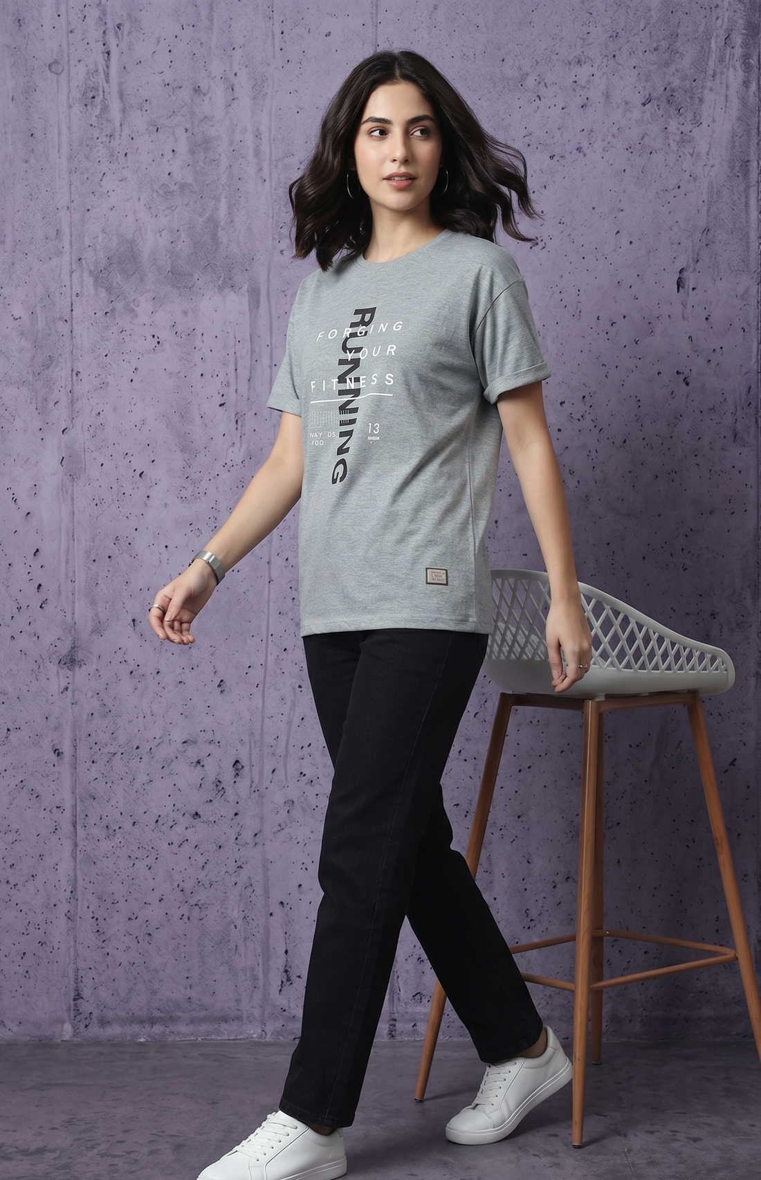 Women's Printed Relaxed Fit Cotton T-Shirt - Grey