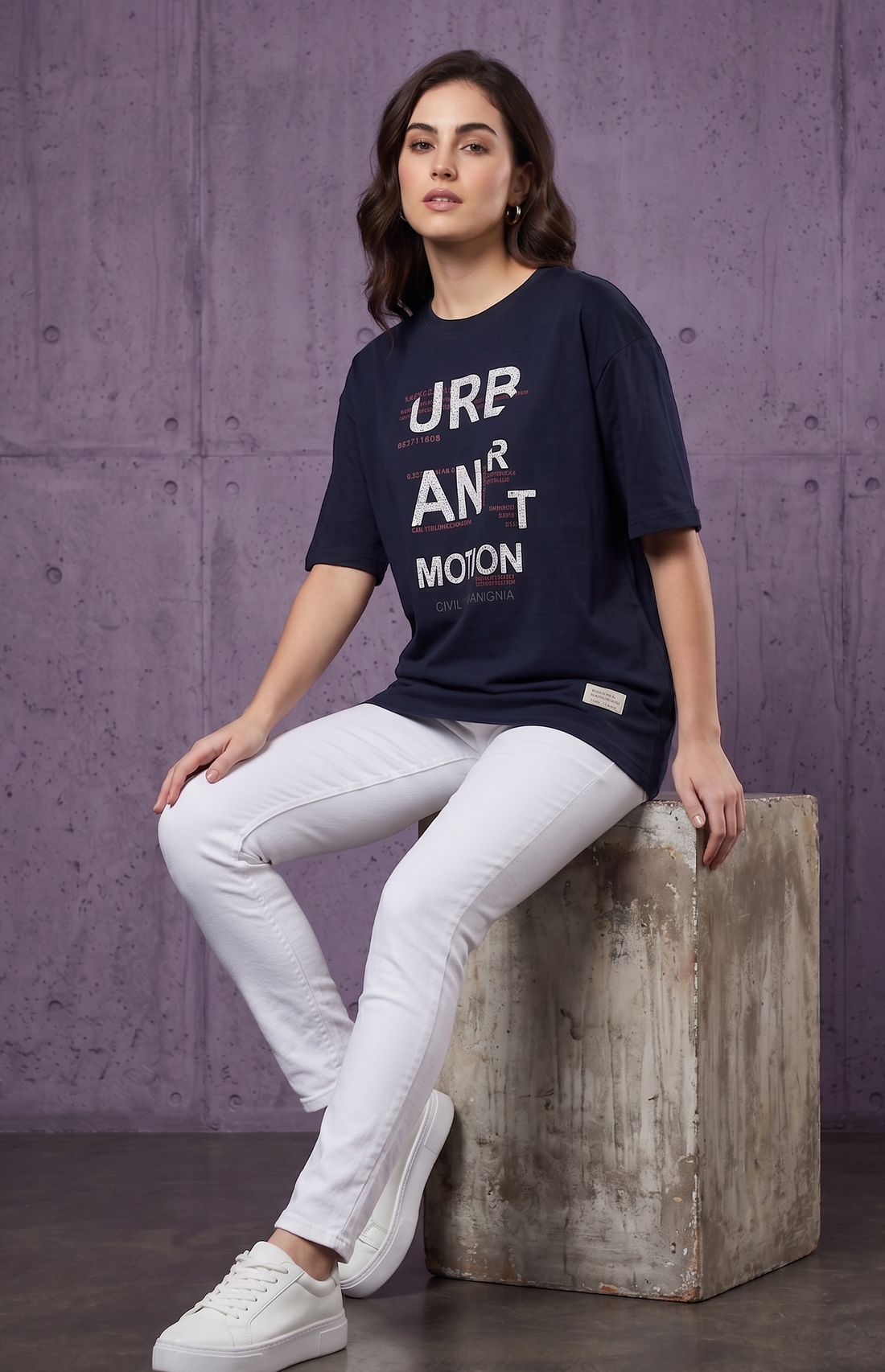 Women's Printed Relaxed Fit Cotton T-Shirt - Navy