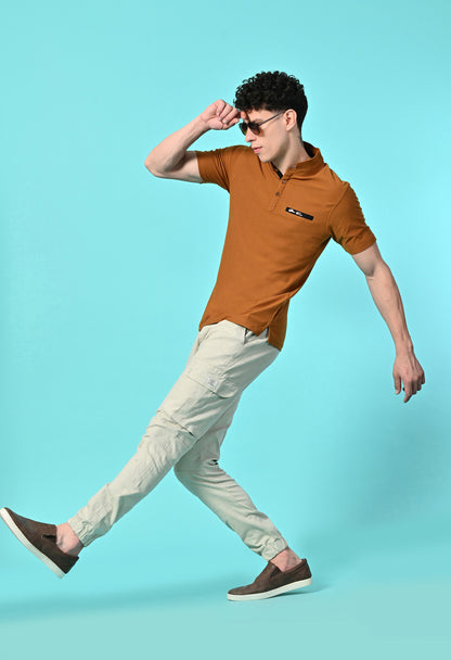 Men's Self Texture Stand Up Collar Polo