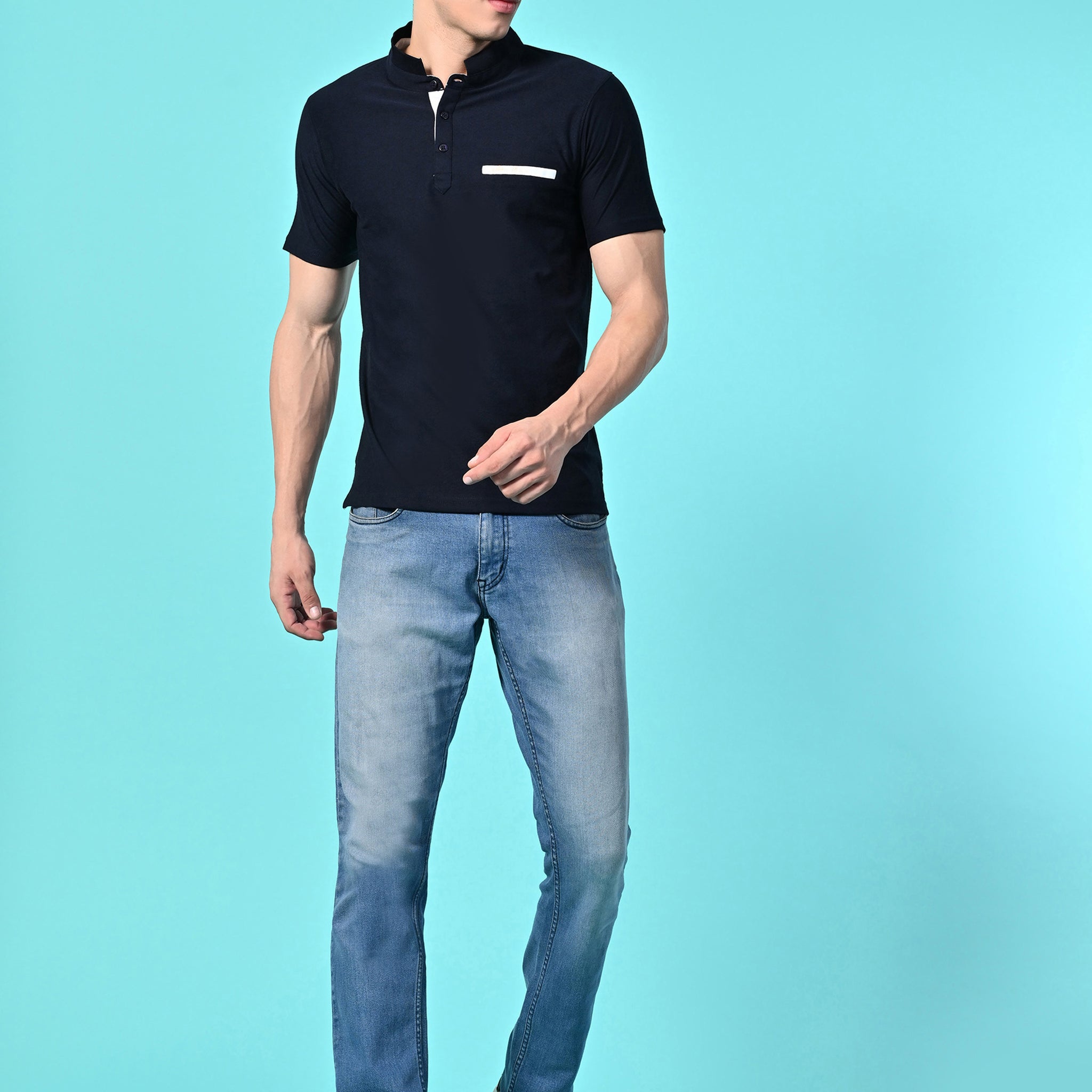 Men's Self Texture Stand Up Collar Polo