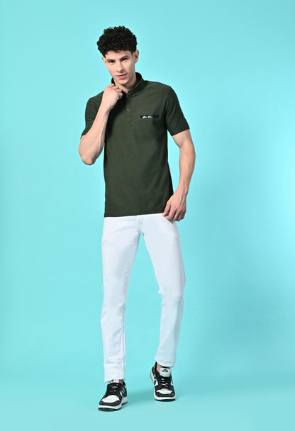 Men's Self Texture Stand Up Collar Polo