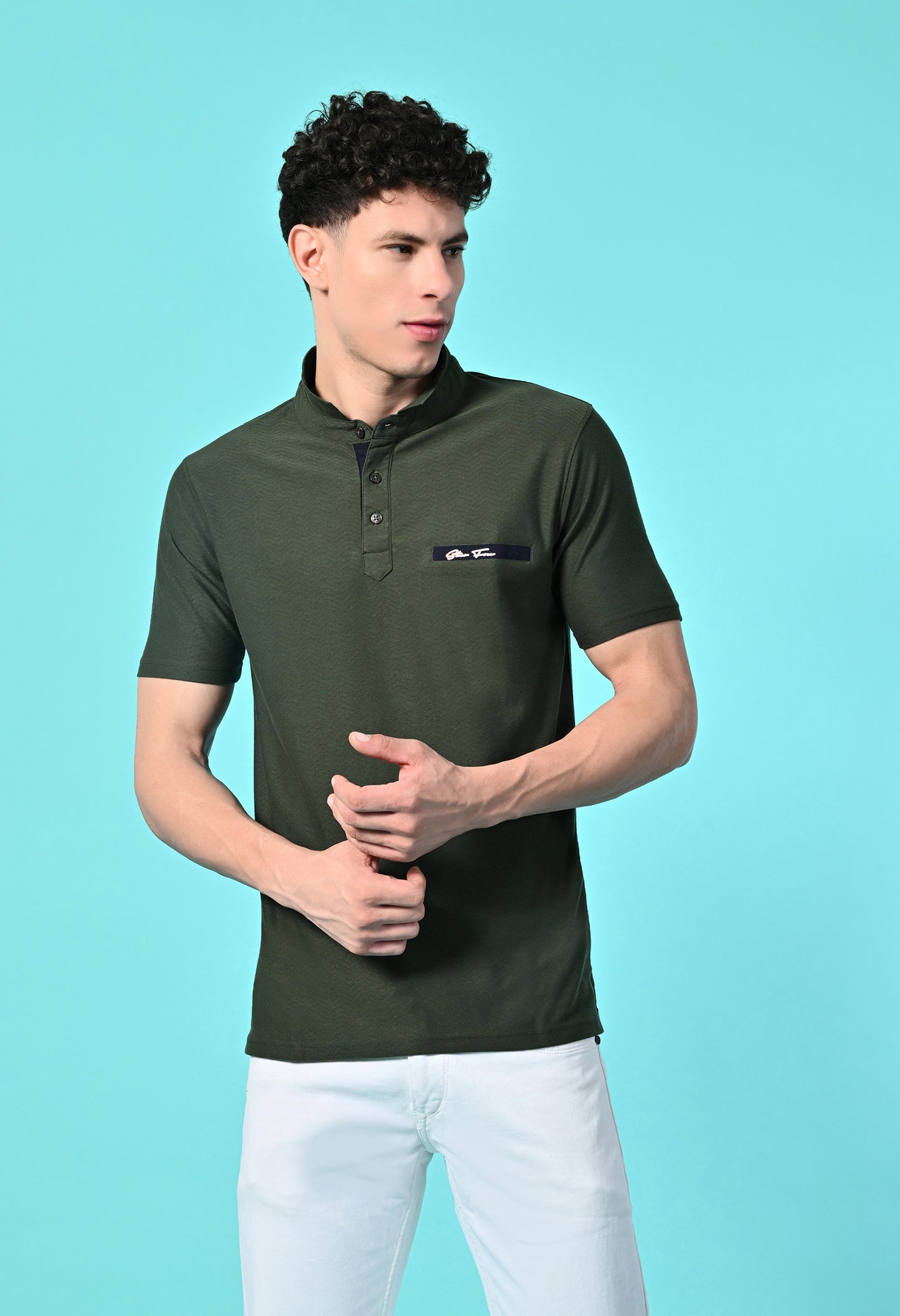 Men's Self Texture Stand Up Collar Polo