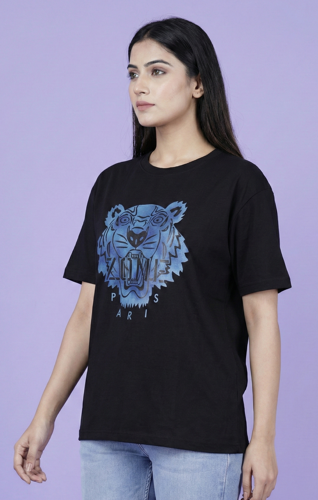 Women's Relaxed Fit 100% Cotton T-Shirt with  Print — Style 101 - Black_A