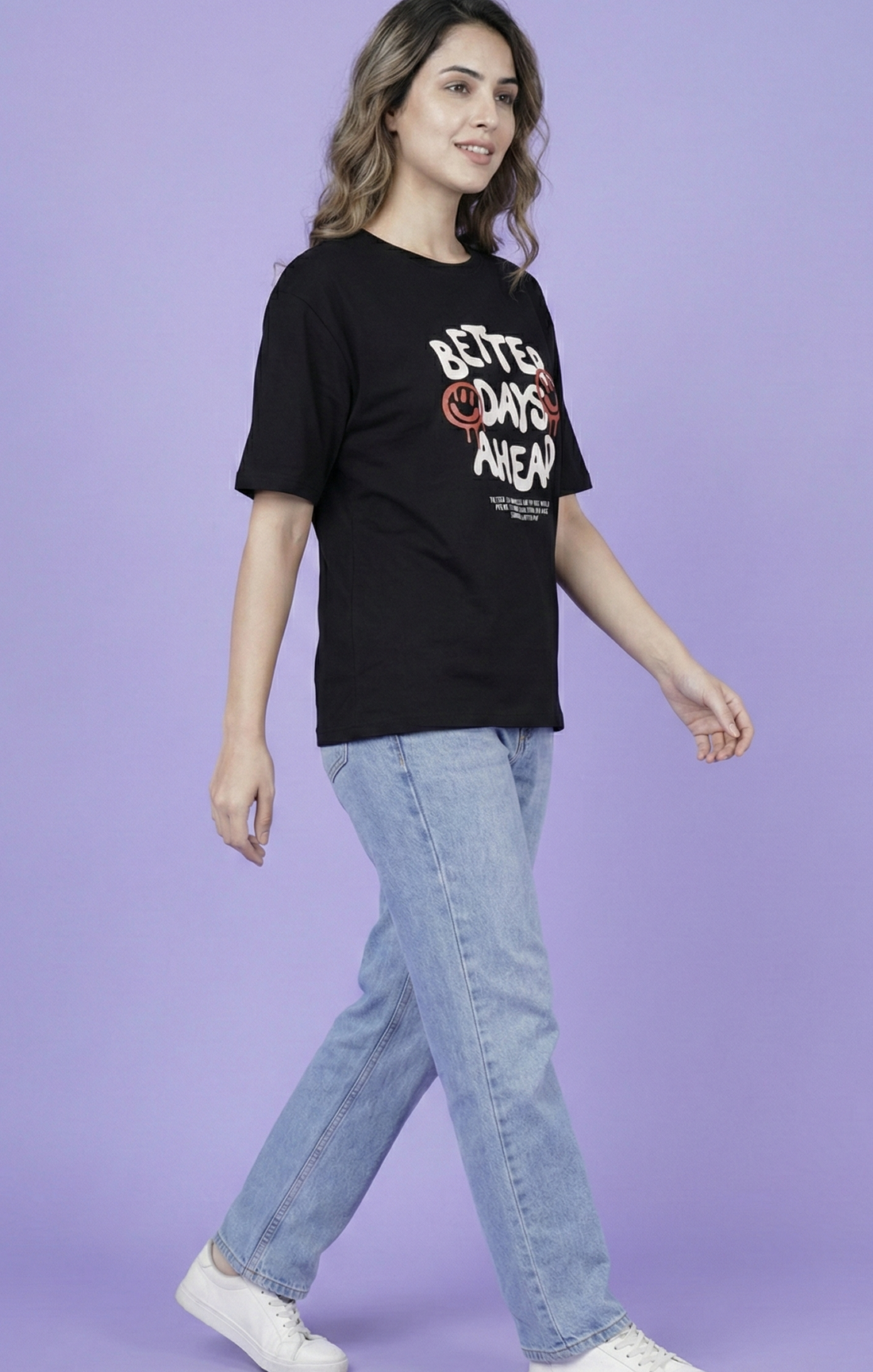 Women's Relaxed Fit 100% Cotton T-Shirt with  Print — Style 101 - Black_B