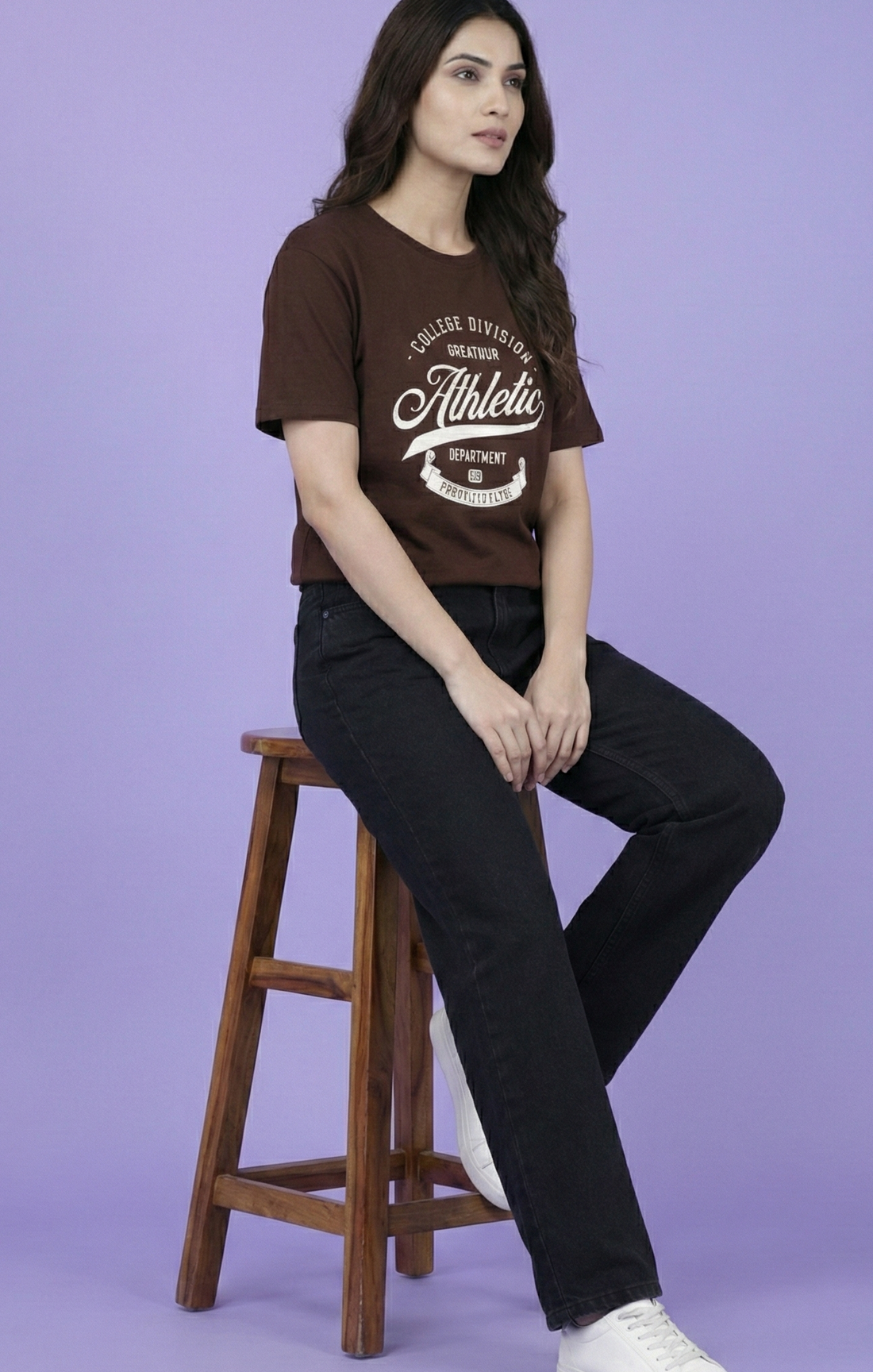 Women's Relaxed Fit 100% Cotton T-Shirt with  Print — Style 101 - Brown