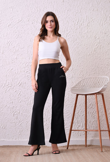 Women Solid High-Rise Fit and Flared Trousers - Black