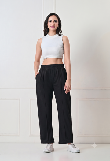 Women Solid High-Rise Straight Fit Track Pants with Front Seam Detail - Black