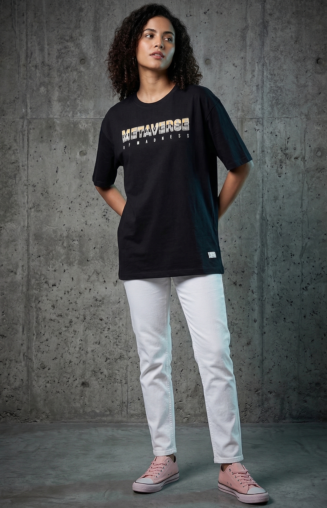 Women's Printed Oversized Drop Shoulder 100% Cotton T-Shirt with Puff Print - Black