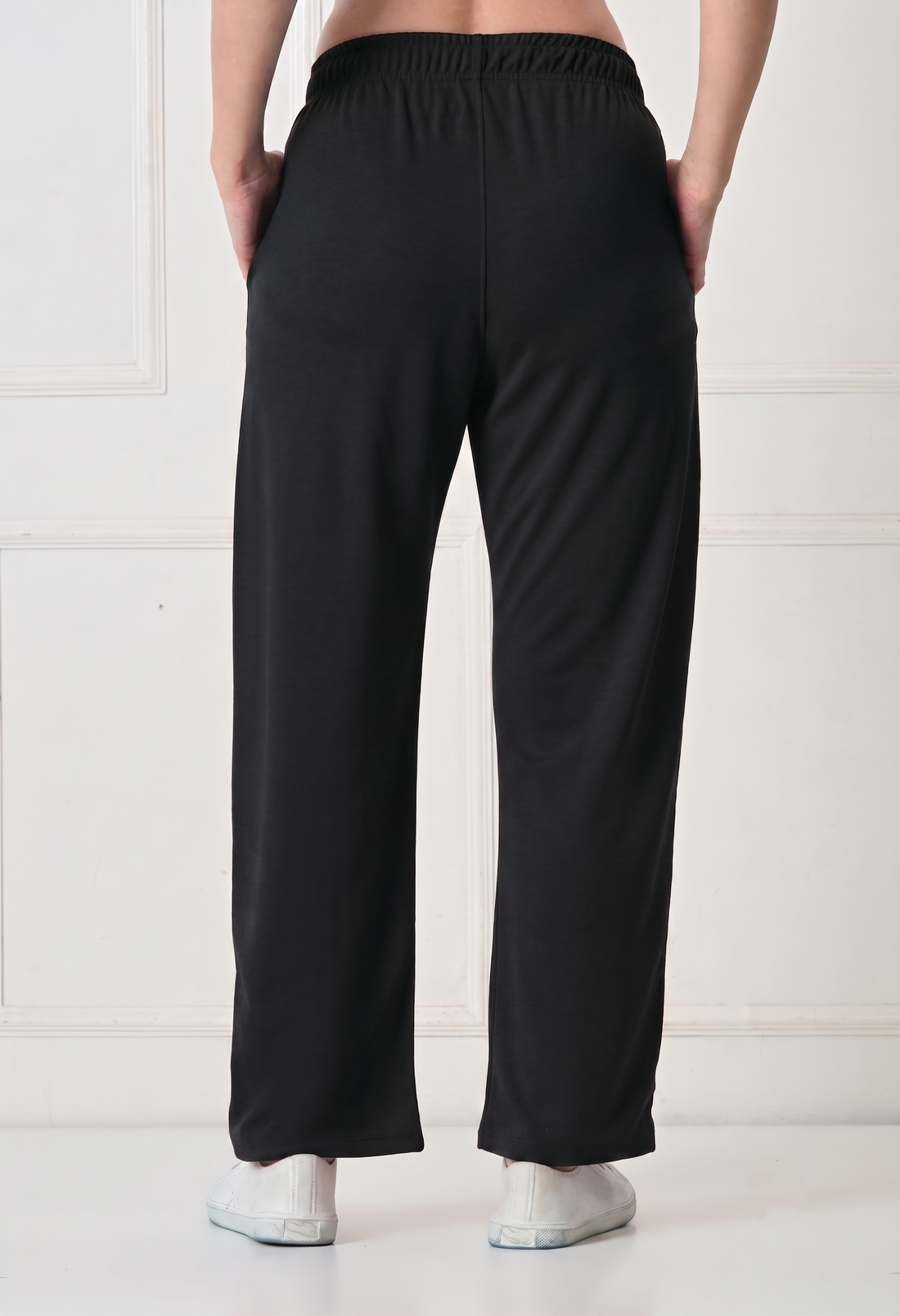 Women Solid High-Rise Straight Fit Track Pants with Front Seam Detail - Black