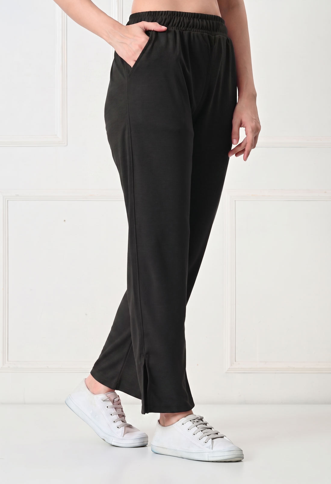 Women Solid High-Rise Straight Fit Track Pants with Slit Detail - Black