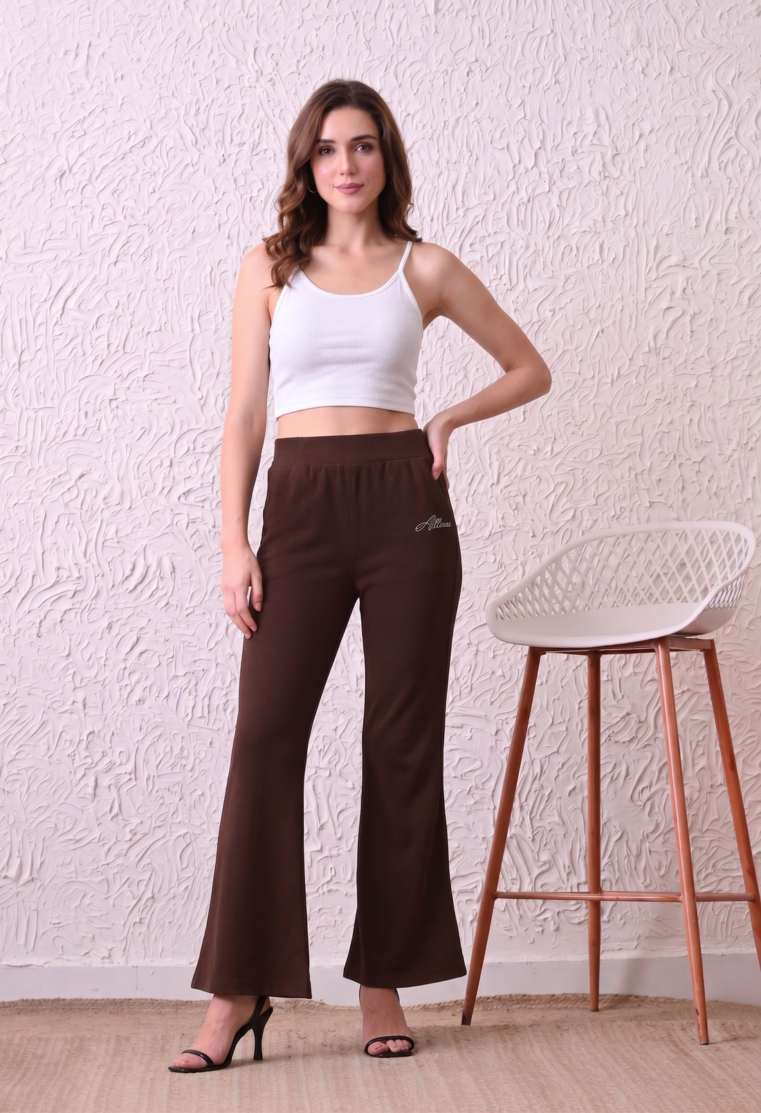Women Solid High-Rise Fit and Flared Trousers - Brown