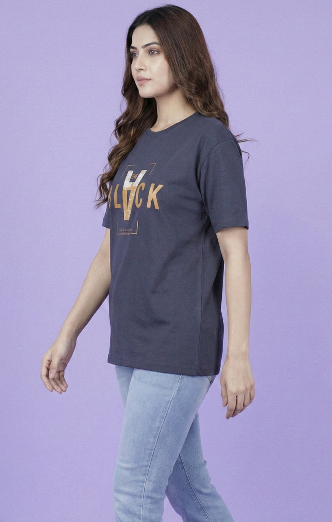 Women's Relaxed Fit 100% Cotton T-Shirt with  Print — Style 101 - Charcoal