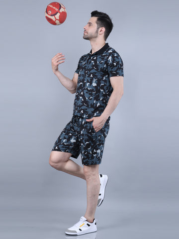 Mens's Black Printed With Neck Collar Co- Ord Set
