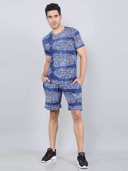 Men Printed Dark Blue Co-ords Set