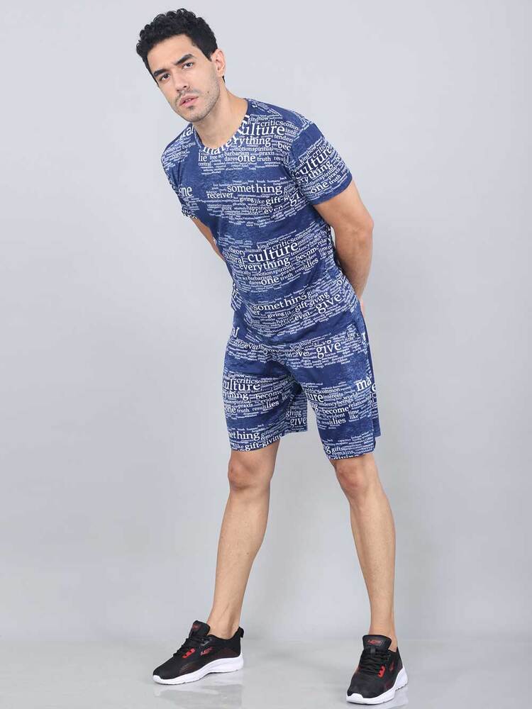 Men Printed Dark Blue Co-ords Set