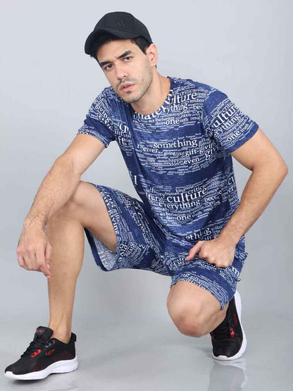 Men Printed Dark Blue Co-ords Set