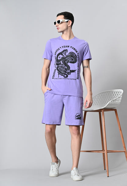 Lavender Puff Printed Round Neck With Shorts  Co-Ord Set