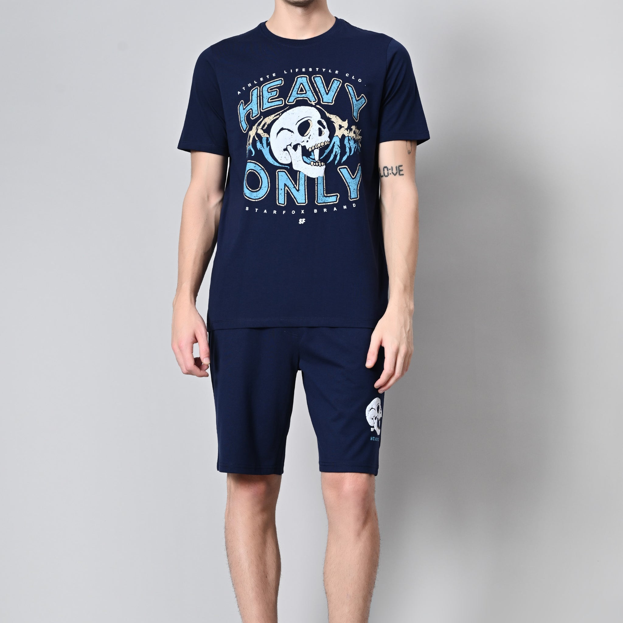 Navy Blue Puff Printed Round Neck With Shorts  Co-Ord Set
