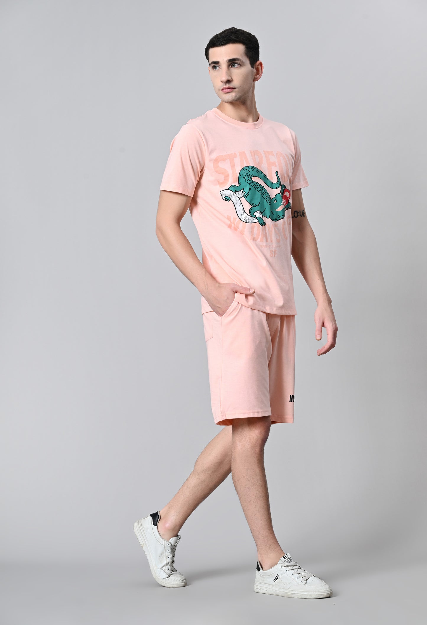 Coral Peach Puff Printed Round Neck With Shorts  Co-Ord Set