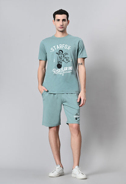 Sage Green Puff Printed Round Neck With Shorts Co-Ord Set