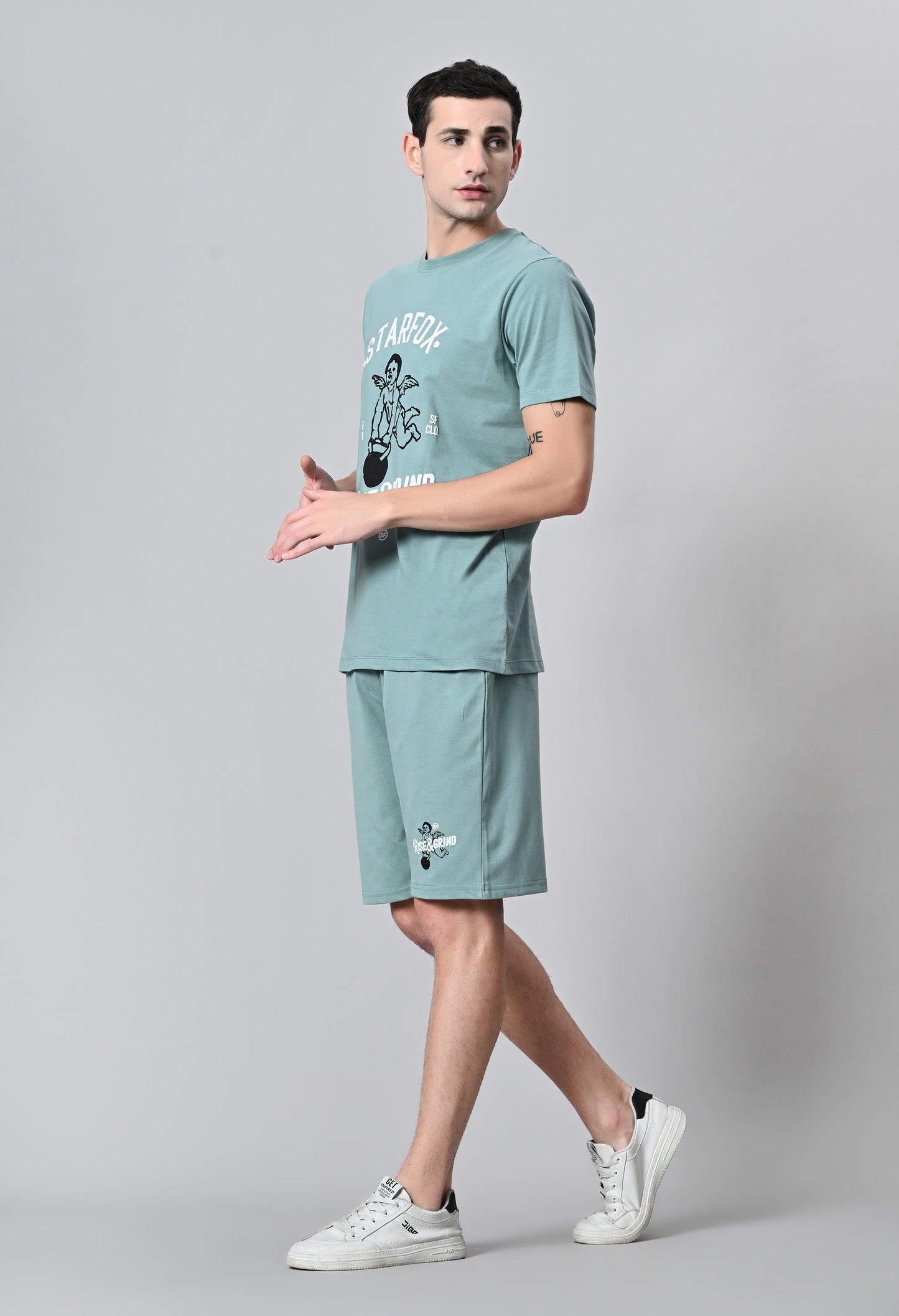 Sage Green Puff Printed Round Neck With Shorts Co-Ord Set