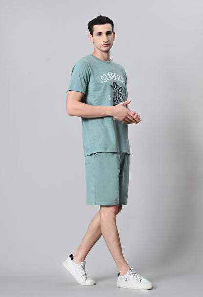 Sage Green Puff Printed Round Neck With Shorts Co-Ord Set