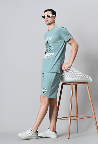 Sage Green Puff Printed Round Neck With Shorts Co-Ord Set