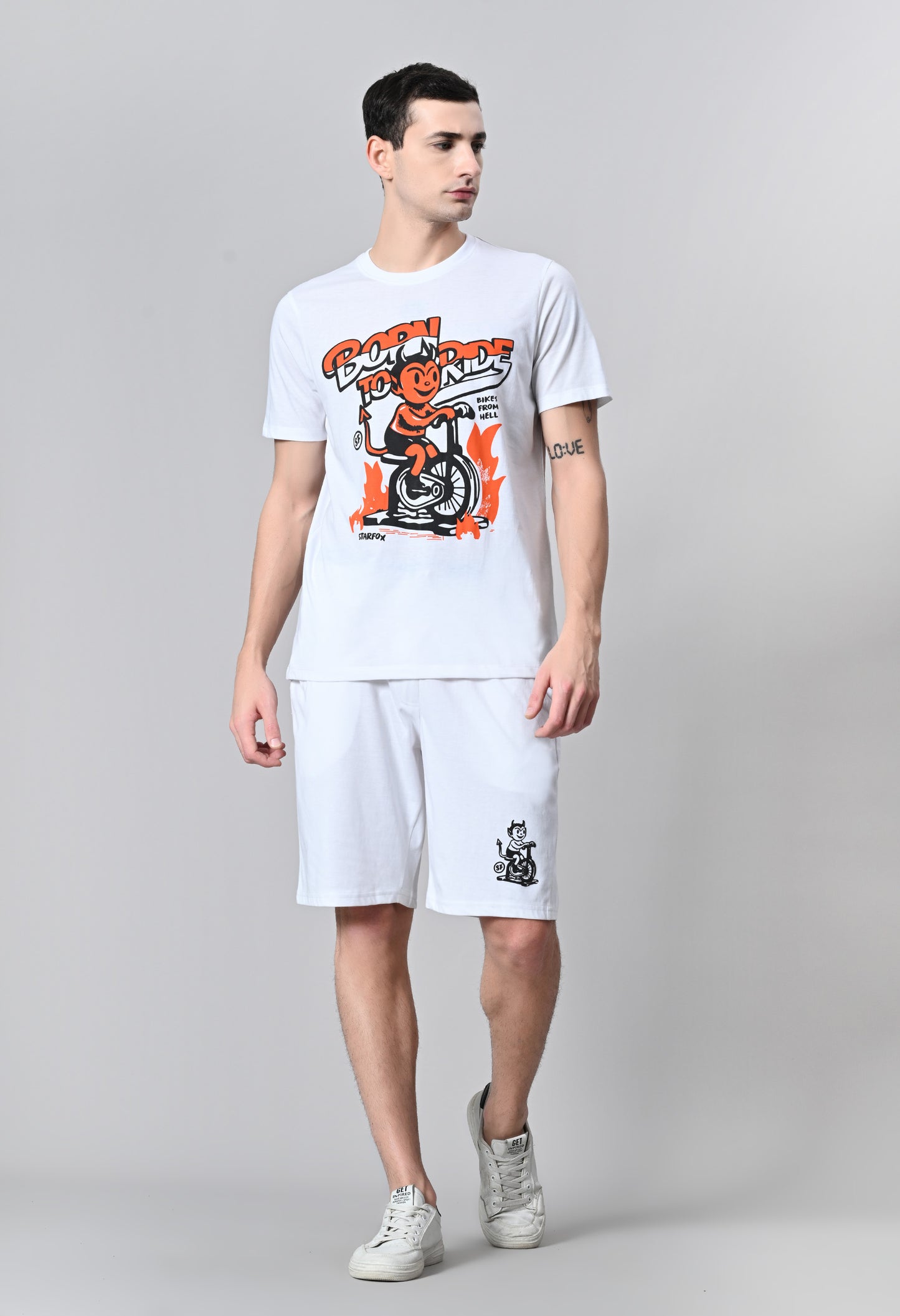 Men's White Printed Puff Round Neck With Shorts Co-Ord Set