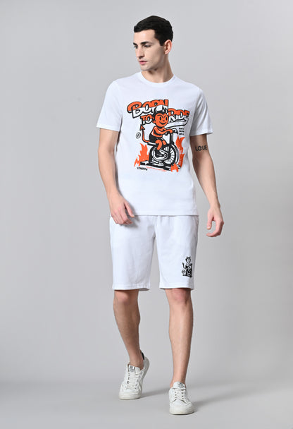 Men's White Printed Puff Round Neck With Shorts Co-Ord Set