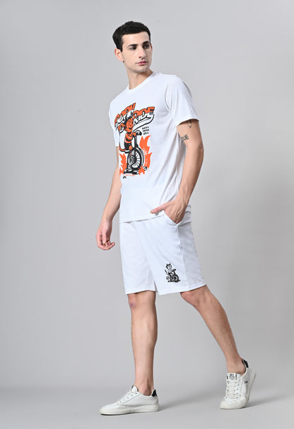 Men's White Printed Puff Round Neck With Shorts Co-Ord Set