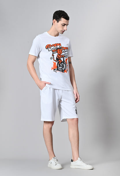 Men's White Printed Puff Round Neck With Shorts Co-Ord Set