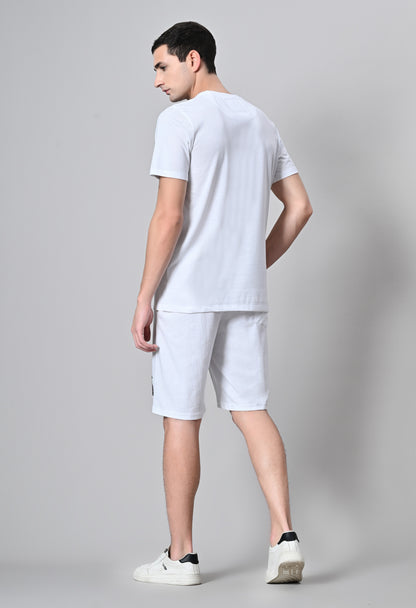 Men's White Printed Puff Round Neck With Shorts Co-Ord Set