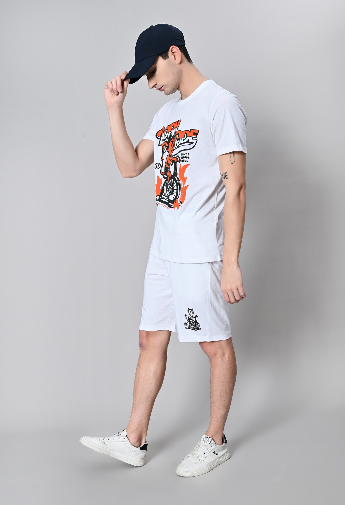 Men's White Printed Puff Round Neck With Shorts Co-Ord Set