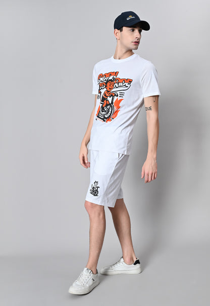 Men's White Printed Puff Round Neck With Shorts Co-Ord Set