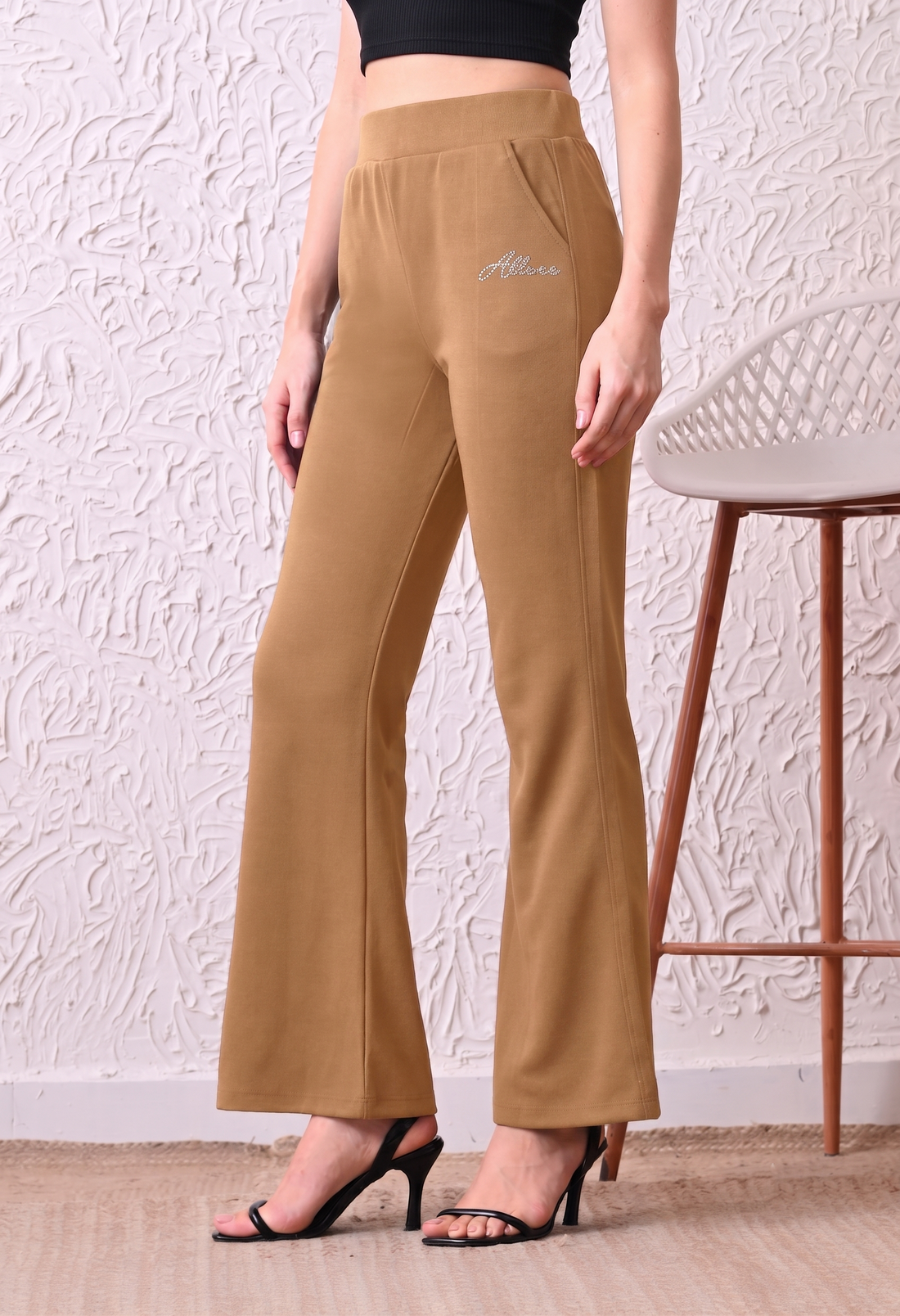 Women Solid High-Rise Fit and Flared Trousers - Camel